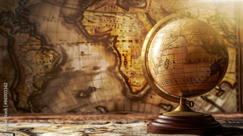 Ancient old globe on the background of an old map Retro style Science education travel vintage background History and Geography Team : Generative AI