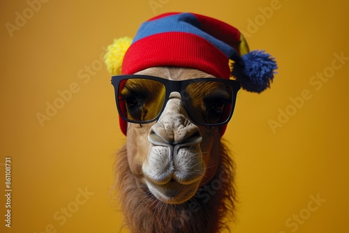 Cool camel in funky hat and sunglasses against yellow background