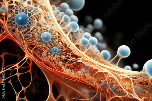 Complex molecular structure fibrous proteins connective tissue, blue spheres, orange filaments