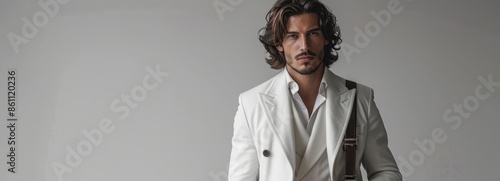 Confident Man with Long Hair in Stylish White Suit Posing for Fashion shoot