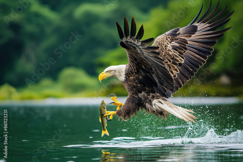 American bald eagle catching fish while flying low over water