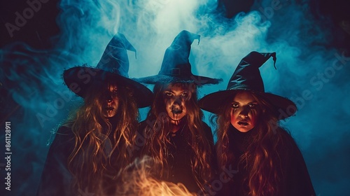 Three Witches with Hats in Misty Night