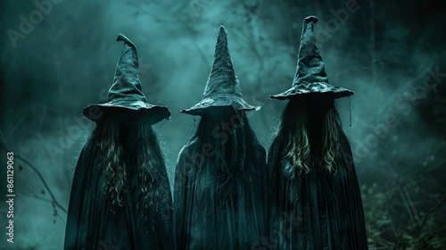 Three witches in dark eerie forest