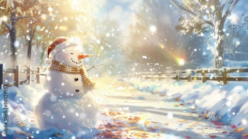 Whimsical Winter Wonderland. Adorable snowman in a snowy background