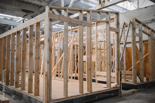 Production of new wooden modular houses. Construction site