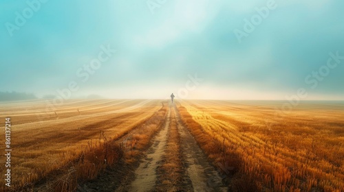 A lone traveler walks through a golden wheat field towards the horizon. AI.