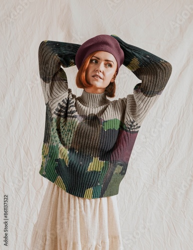 Woman in autumn fashion, sweater and beret