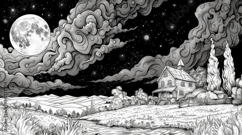 coloring book The full moon is rising over a lonely farmhouse. The clouds are scudding across the sky and the wind is blowing through the trees. The house is dark and silent.