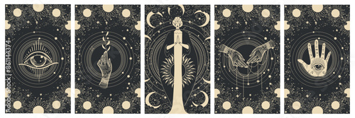 Set of magical celestial illustrations, goddess with sun and moon symbols, all-seeing eye, palm reading, vintage background for witch, astrology, esotericism. Vector.