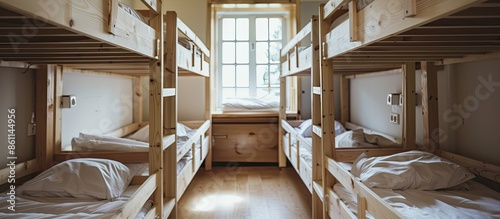 Interior of hostel with wooden bunk bed. Copy space image. Place for adding text and design