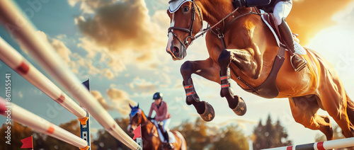 High-angle view of a modern pentathlon equestrian show jumping scene, vibrant athletes in mid-air over hurdles