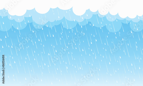 Rain drops on blue background. Falling water drops. Nature rainfall.