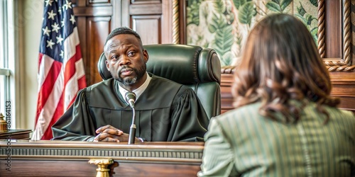 Black judge in the courtroom, sentencing a convicted 
