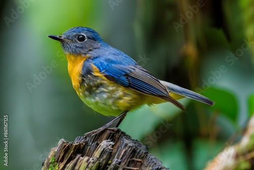 Siberian Blue Robin,Close-up of songbird perching on wood,In the rain forest of Thailand