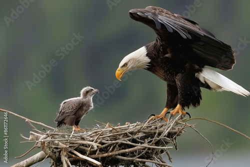 Adult bald eagle returning to nest with young eaglet