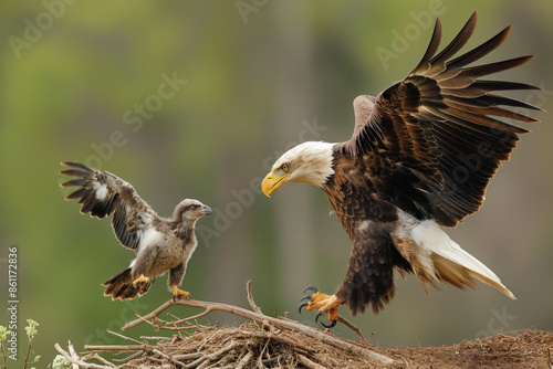 Majestic bald eagle landing on nest with eaglet