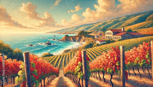 Autumn day in a California vineyard overlooking Pacific Ocean, with rows of grapevines in shades of red and orange