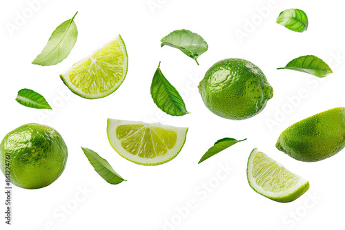 Fresh limes fruits with cut slice and green leaves isolated on background, citrus limes flying in the air.