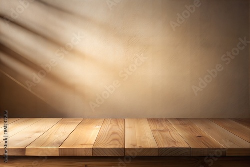 Empty wood table top on Light Brown Wall with Soft Gradient Shadows 