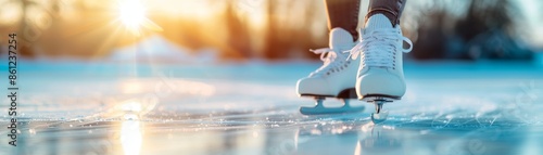 close-up of white ice skates on a frozen lake with a sunlit background.