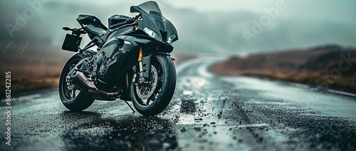 High-angle view of a sleek, black motorcycle, parked perfectly on a deserted road, with a slightly out-of-focus background, captured in photorealistic detail, full body shot