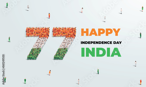 August 15 Happy Independence Day India Design. A large group of people form to create the number 77 as India celebrates its 77th National Day on the 15th of August.