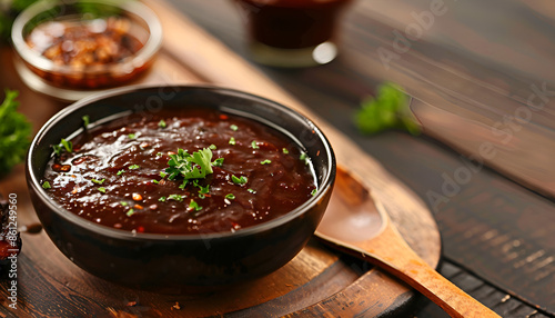 Tasty barbeque sauce in bowl and spoon on wooden table, closeup