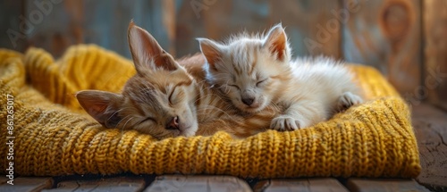 Two adorable kittens sleeping soundly on a yellow knitted blanket.