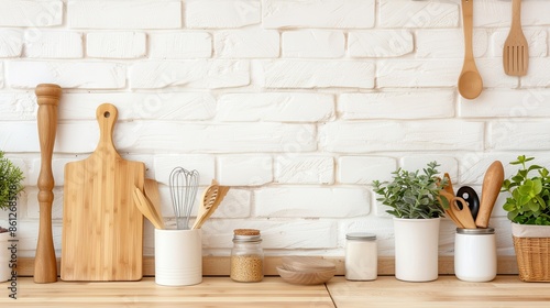 A white kitchen countertop with a white brick wall backdrop, featuring succulents in white pots, white kitchenware, and wooden cutting boards