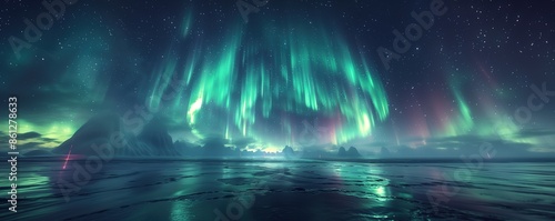 Panorama of the Northern Lights. Vivid green auroras dance across a starlit sky, creating a mesmerizing spectacle, icy landscape below