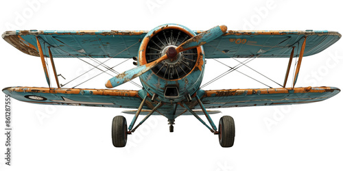 A rustic, old vintage biplane with weathered teal and orange paint, featuring a large propeller and exposed framework.