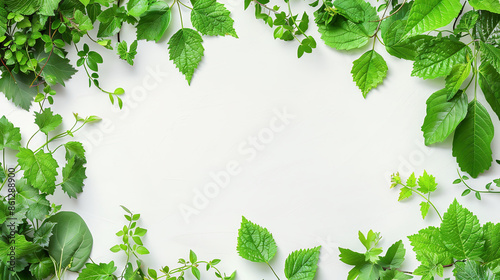 Frame of dense green leaves with vines, creating a natural border, isolated on white background.