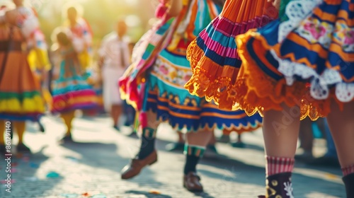 Participants in brightly colored traditional costumes joyfully dance together, celebrating an outdoor cultural festival with lively music and energy.