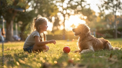A child and their pet dog playing fetch in a sunny park, capturing the joy and bond between pets and their owners