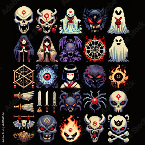 A sprite sheet in pixel art style for a Japanese RPG featuring vengeful spirit icons