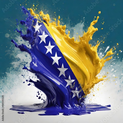 Bosnia and Herzegovina flag paint liquid explosion on isolated background , generated by AI. High quality photo