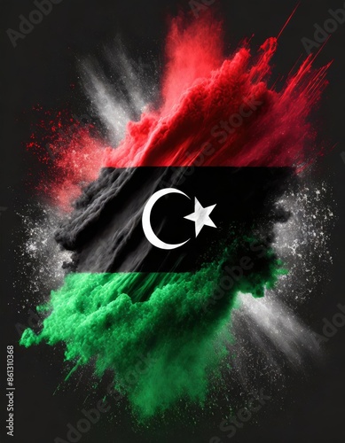 Libya colorful flag holi paint powder explosion on isolated background, generated by AI. High quality photo