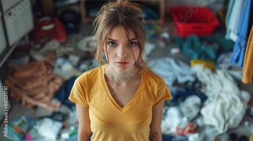 A young woman in a yellow shirt stands amidst a cluttered room, reflecting a state of disorganization and chaos, possibly overwhelmed with the surrounding mess and tasks to be done.