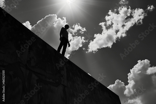 Silhouette of a person standing on a high ledge against a bright sky with clouds, symbolizing freedom and adventure