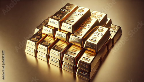 Gold bars stacked neatly reflecting the quintessence of opulence. The gold bars shine brilliantly with each bar. Copy Space. Gold concept. Financial concept.