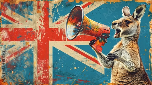A kangaroo with a megaphone, standing in front of a weathered Union Jack flag. The image has a vintage, distressed look.