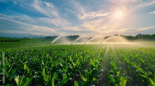 A field of corn is irrigated by a sprinkler system under a bright, blue sky. The sun shines brightly in the background.