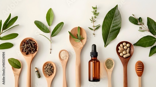 Natural herbs, supplements, and essential oils on spoons and leaves, promoting wellness and health.