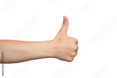 Child's hand shows thumbs up, class, like. Gesture isolated on white background. Design element. Success or victory concept