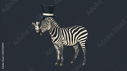 A zebra wearing a top hat with a rabbit in its mouth. The zebra is standing on a dark blue background. The zebra is looking at the viewer.