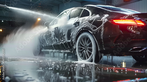 Automatic car wash is cleaning modern black car covered by soap suds