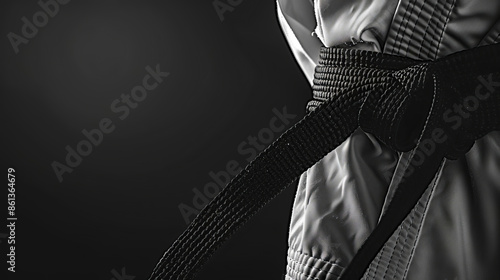 Low-angle view of a black belt on a pristine white budo gi, monochrome, softly blurred black background, high-contrast lighting, photorealistic detail, focused and dramatic