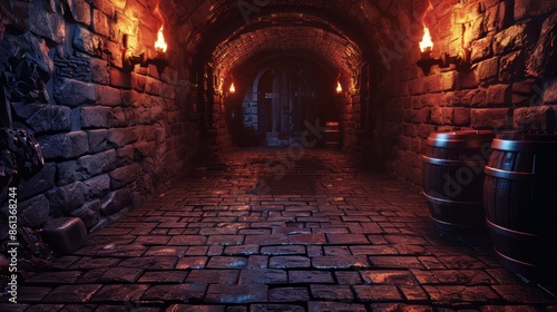A terrifying endless medieval catacomb with torches. Concept drawing of a mystical nightmare. 3D rendering.