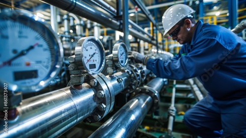 An engineer checking gauges on a series of high-pressure steel pipelines and valves in an industrial plant