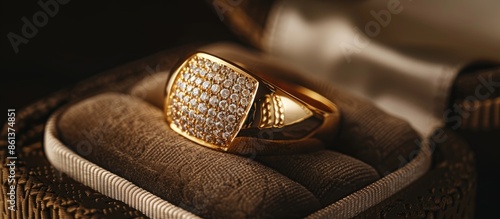 A luxurious gold ring for men adorned with diamonds, presented elegantly in a box with room for a unique image. copy space available